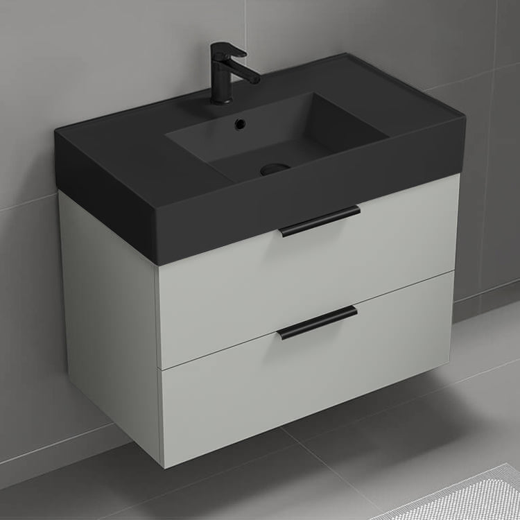 Wall Mounted Bathroom Vanity With Black Sink, Modern, 32", Grey Mist