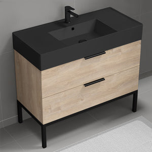 Modern Bathroom Vanity With Black Sink, Floor Standing, 40", Brown Oak