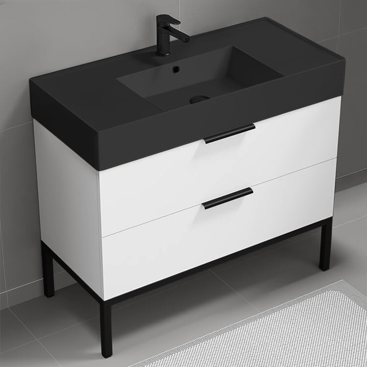 Modern Bathroom Vanity With Black Sink, 40", Glossy White