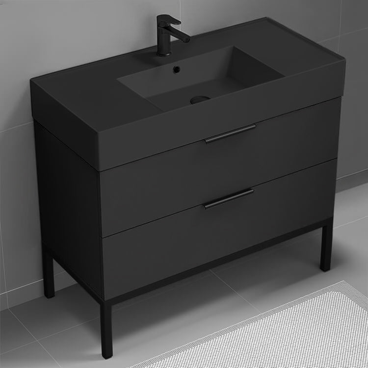 40" Bathroom Vanity With Black Sink, Floor Standing, Modern, Matte Black