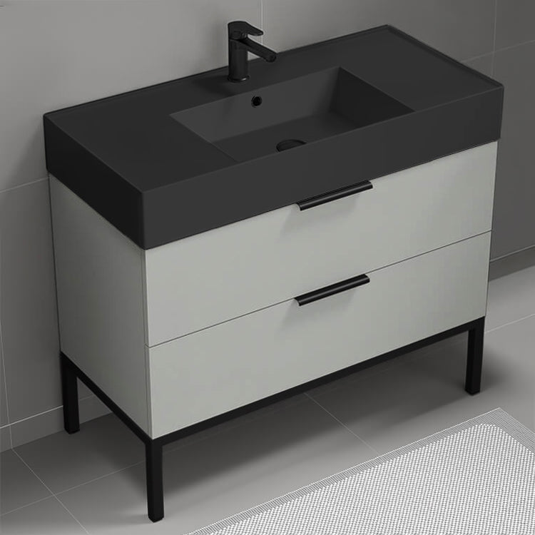 Free Standing Bathroom Vanity With Black Sink, Modern, 40", Grey Mist