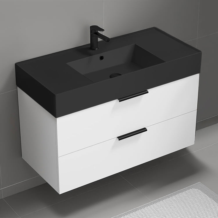 Floating Bathroom Vanity With Black Sink, Modern, 40", Glossy White
