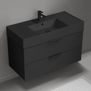 Wall Mounted Bathroom Vanity With Black Sink, Modern, Single, 40", Matte Black