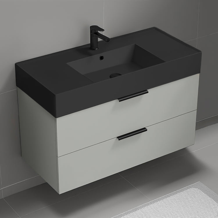 40" Bathroom Vanity With Black Sink, Wall Mounted, Grey Mist