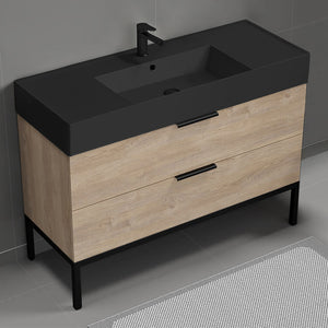 Modern Bathroom Vanity With Black Sink, Free Standing, 48", Brown Oak