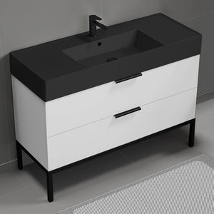 Modern Bathroom Vanity With Black Sink, Floor Standing, 48", Glossy White