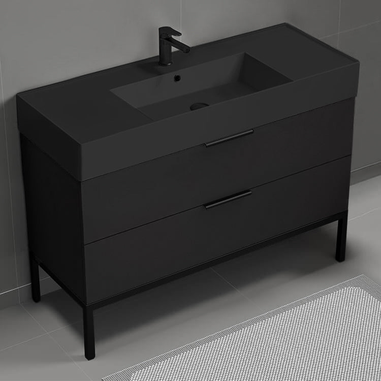 48" Bathroom Vanity With Black Sink, Free Standing, Matte Black