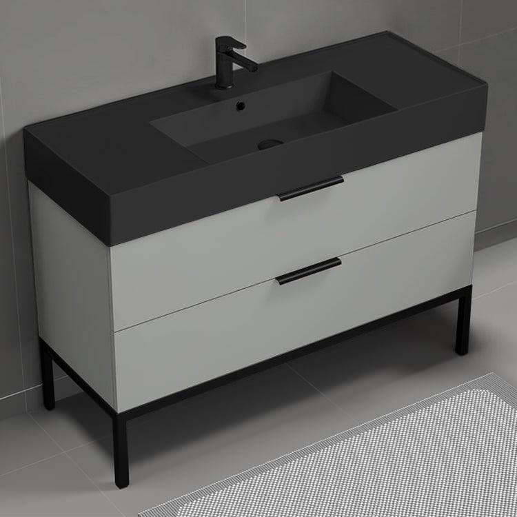 Modern Bathroom Vanity With Black Sink, Floor Standing, 48", Grey Mist