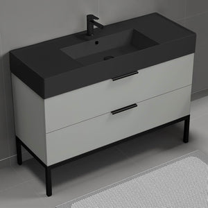 Modern Bathroom Vanity With Black Sink, Floor Standing, 48", Grey Mist