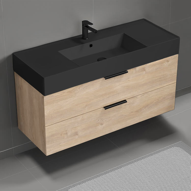 48" Bathroom Vanity With Black Sink, Floating, Brown Oak