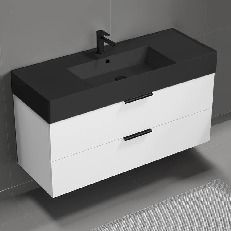 Modern Bathroom Vanity With Black Sink, Wall Mounted, 48", Glossy White