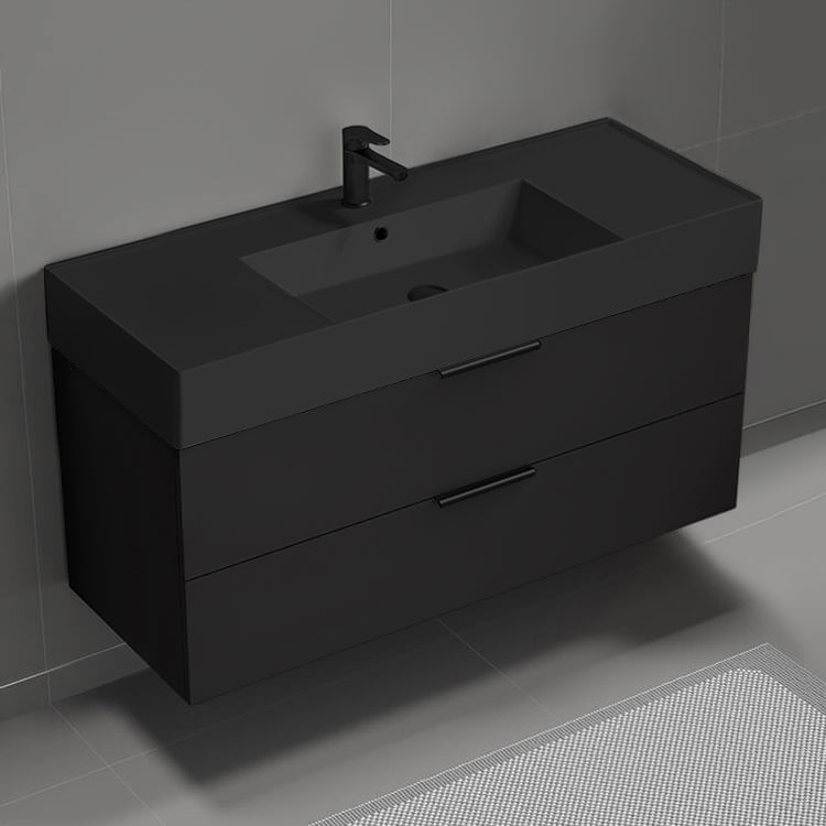 Modern Bathroom Vanity With Black Sink, Wall Mount, 48", Matte Black
