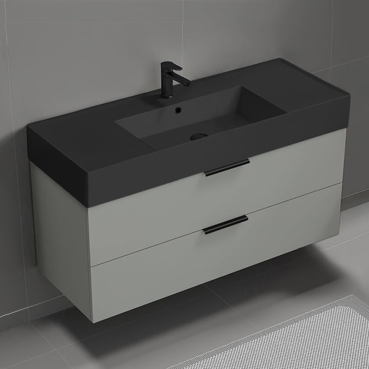 Modern Bathroom Vanity With Black Sink, Wall Mounted, 48", Grey Mist