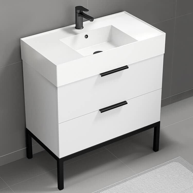 Modern Bathroom Vanity, Floor Standing, 32", Glossy White