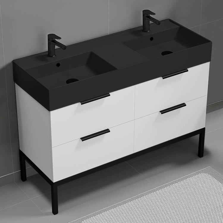 48" Bathroom Vanity With Black Sink, Double Sink, Free Standing, Modern, Glossy White