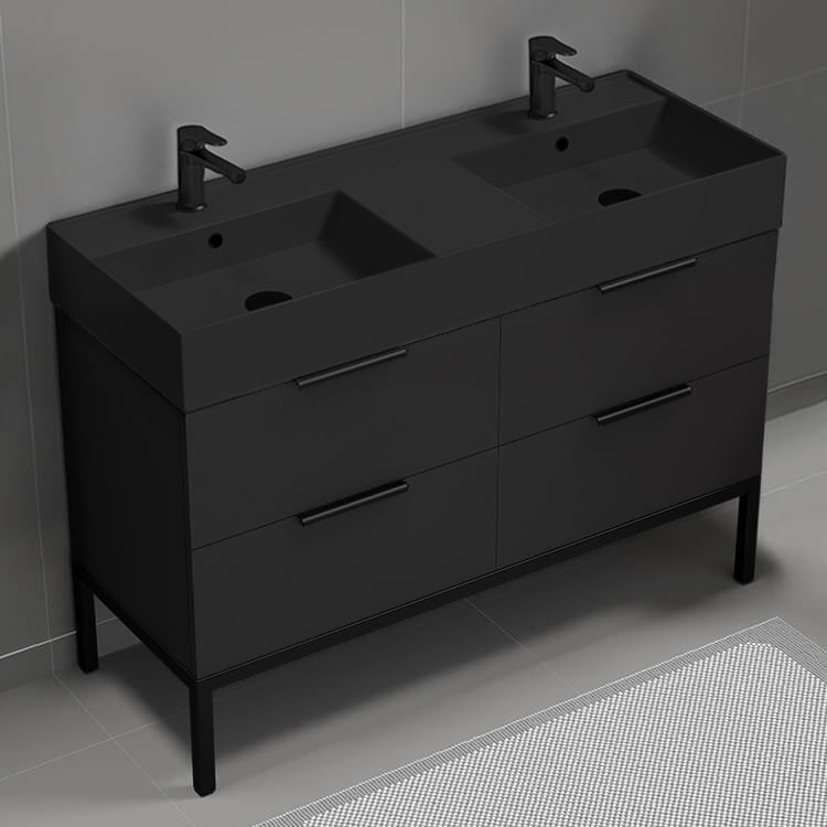 48" Bathroom Vanity With Black Sink, Double Sink, Modern, Floor Standing, Matte Black