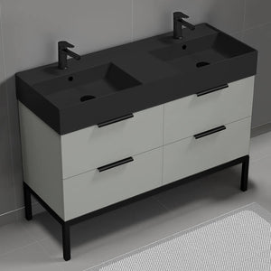 Double Bathroom Vanity With Black Sink, Free Standing, 48", Grey Mist