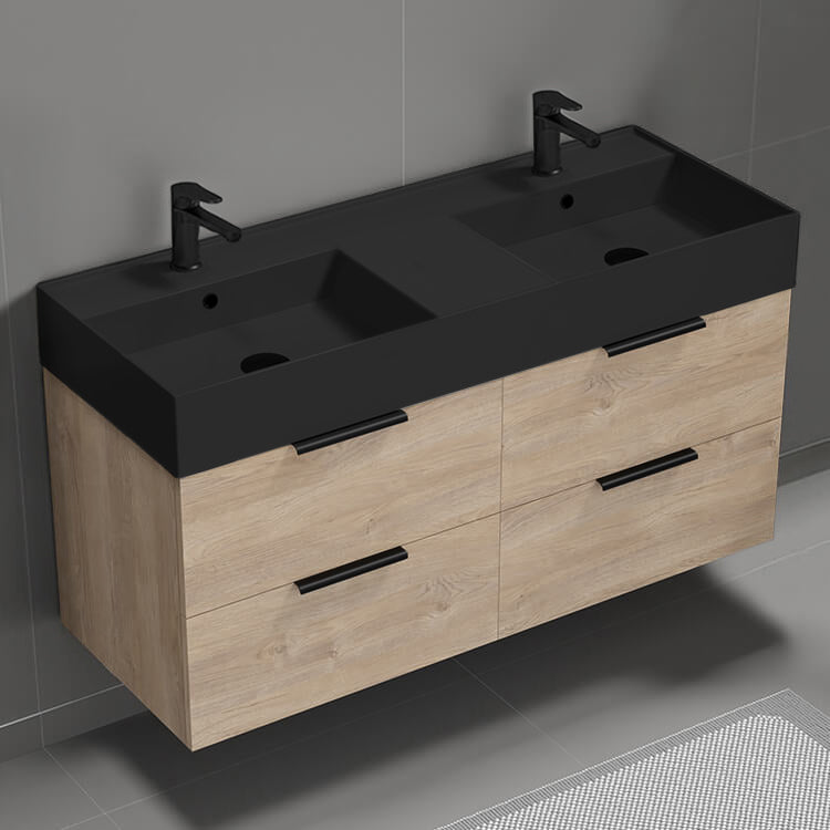 48" Bathroom Vanity With Black Sink, Double Sink, Wall Mount, Modern, Brown Oak