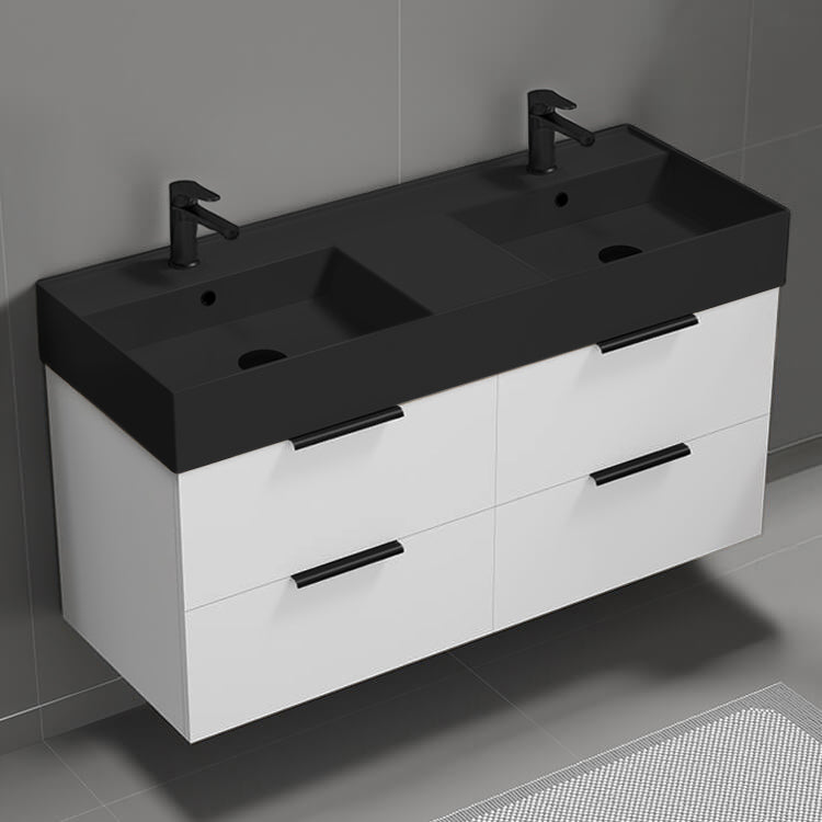 48" Bathroom Vanity With Black Sink, Double Sink, Modern, Wall Mounted, Glossy White