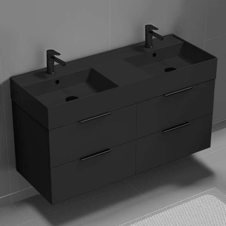 Double Bathroom Vanity With Black Sink, Wall Mount, 48", Matte Black
