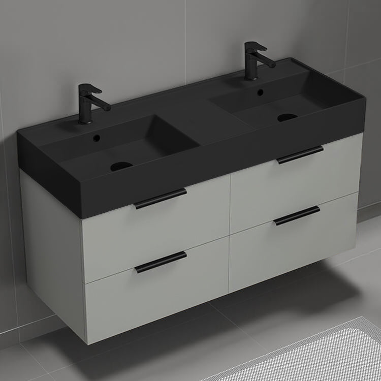 48" Bathroom Vanity With Black Sink, Double Sink, Floating, Modern, Grey Mist