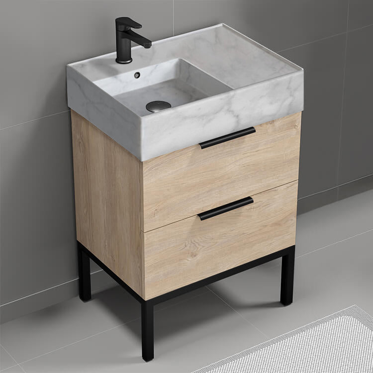 Modern Bathroom Vanity With Marble Design Sink, 24", Brown Oak