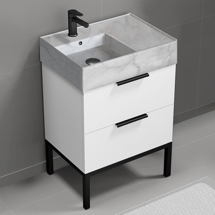 Small Bathroom Vanity With Marble Design Sink, Floor Standing, 24", Glossy White
