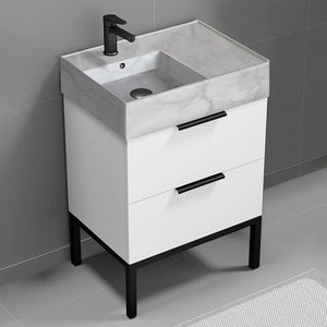 Small Bathroom Vanity With Marble Design Sink, Floor Standing, 24", Glossy White