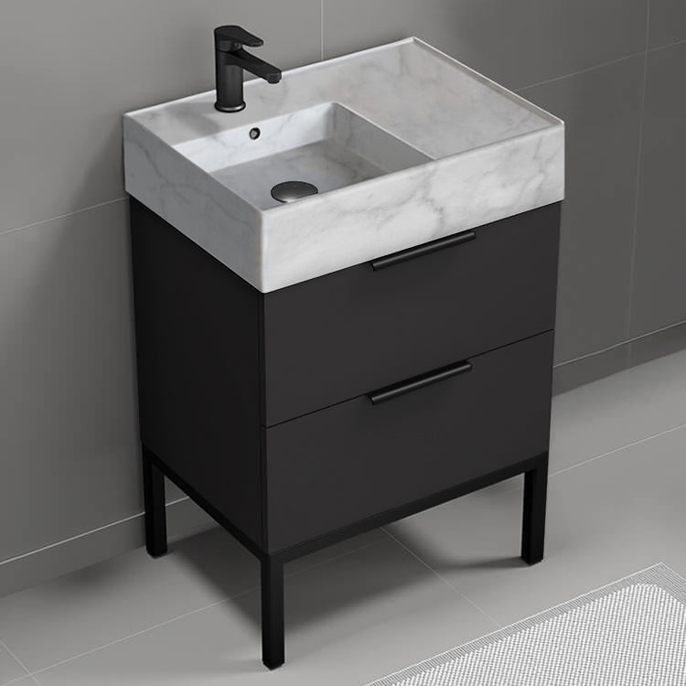 Modern Bathroom Vanity With Marble Design Sink, Free Standing, 24", Matte Black