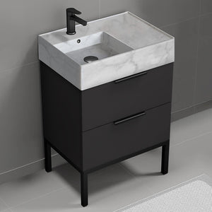 Modern Bathroom Vanity With Marble Design Sink, Free Standing, 24", Matte Black