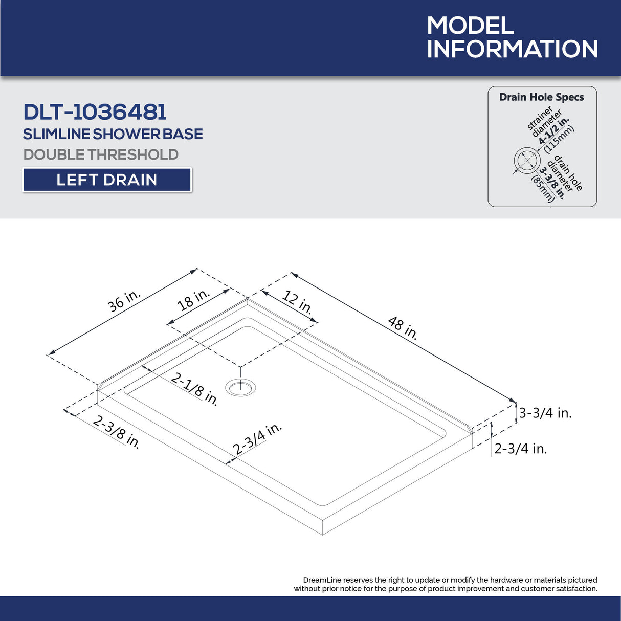 DreamLine Flex 36 in. D x 48 in. W x 74 3/4 in. H Semi-Frameless Pivot Shower Enclosure in Chrome with Left Drain Biscuit Base Kit