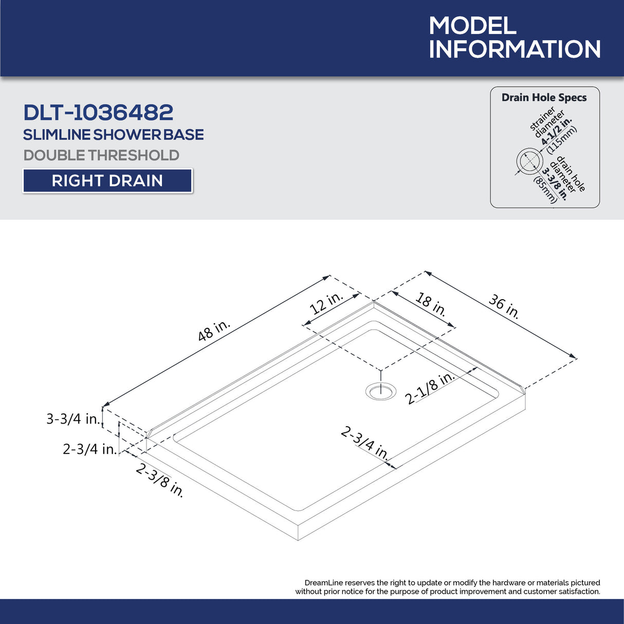 DreamLine Flex 36 in. D x 48 in. W x 74 3/4 in. H Semi-Frameless Shower Enclosure in Brushed Nickel with Right Drain White Base