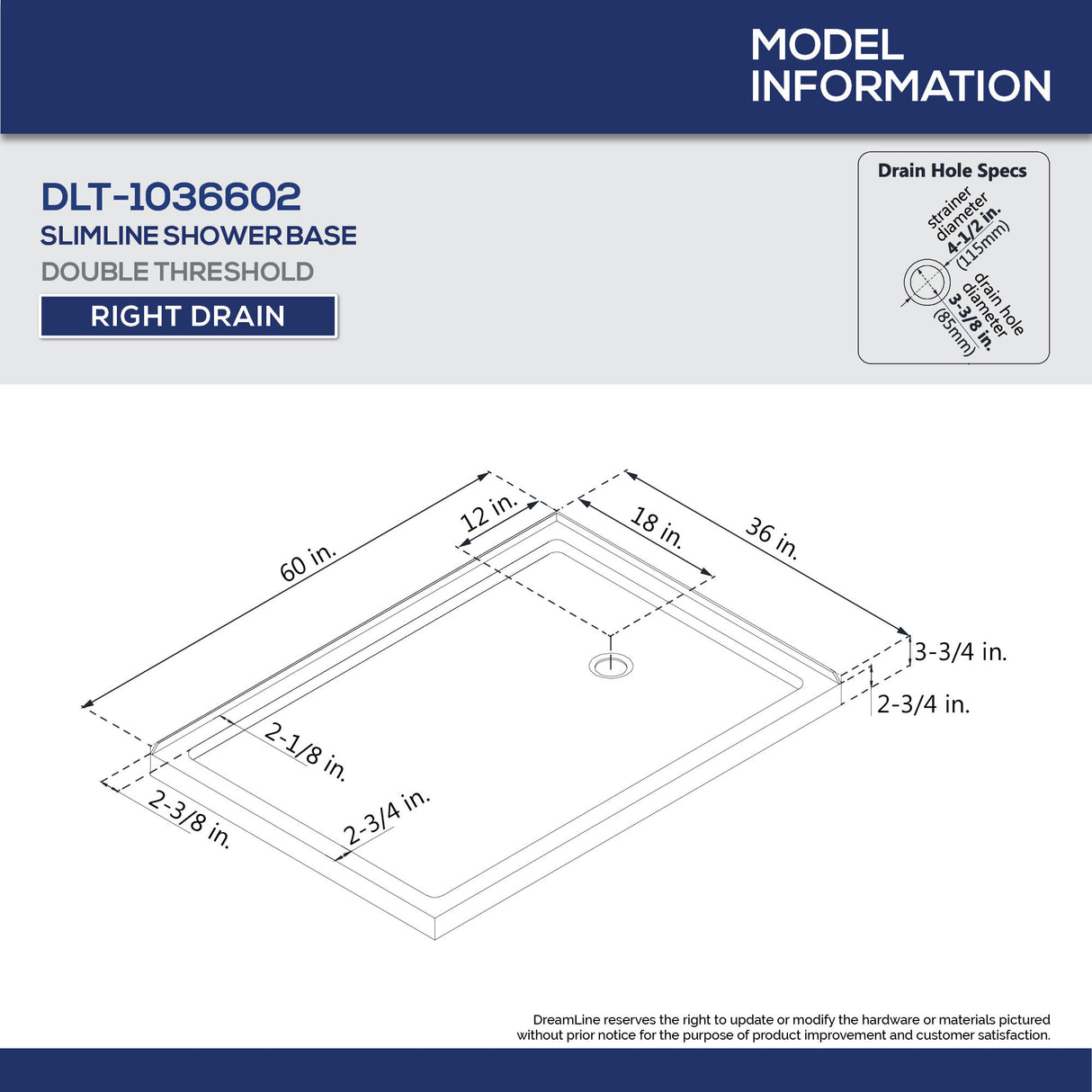 DreamLine Flex 36 in. D x 60 in. W x 74 3/4 in. H Semi-Frameless Shower Enclosure in Brushed Nickel with Right Drain Biscuit Base