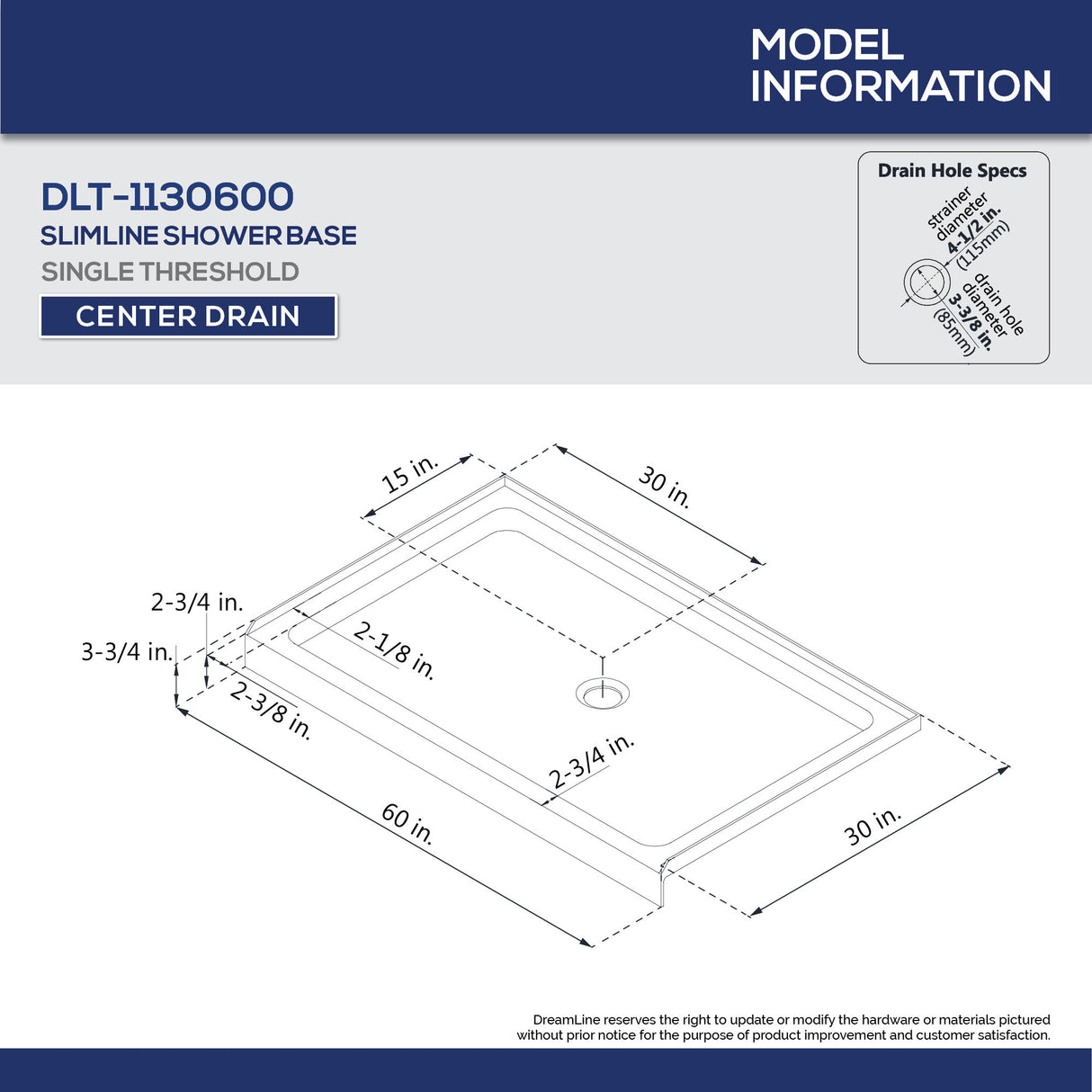 DreamLine Flex 30 in. D x 60 in. W x 76 3/4 in. H Semi-Frameless Shower Door in Chrome with Center Drain White Base and Wall Kit