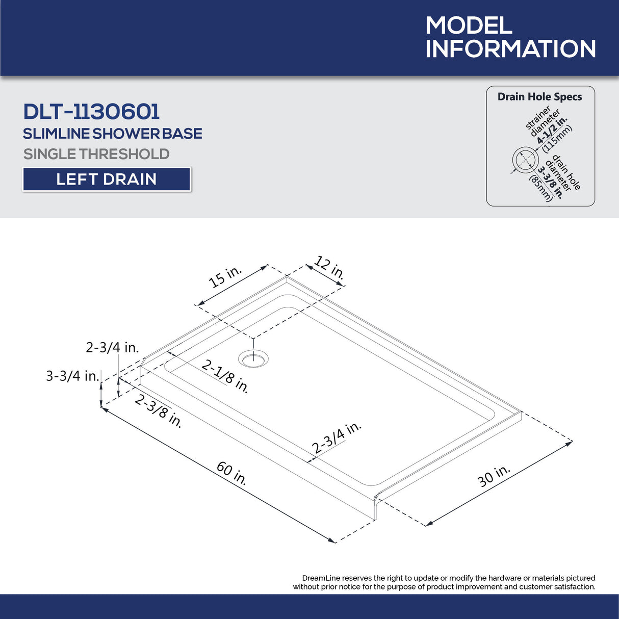 DreamLine Duet 30 in. D x 60 in. W x 74 3/4 in. H Semi-Frameless Bypass Shower Door in Chrome and Left Drain Black Base