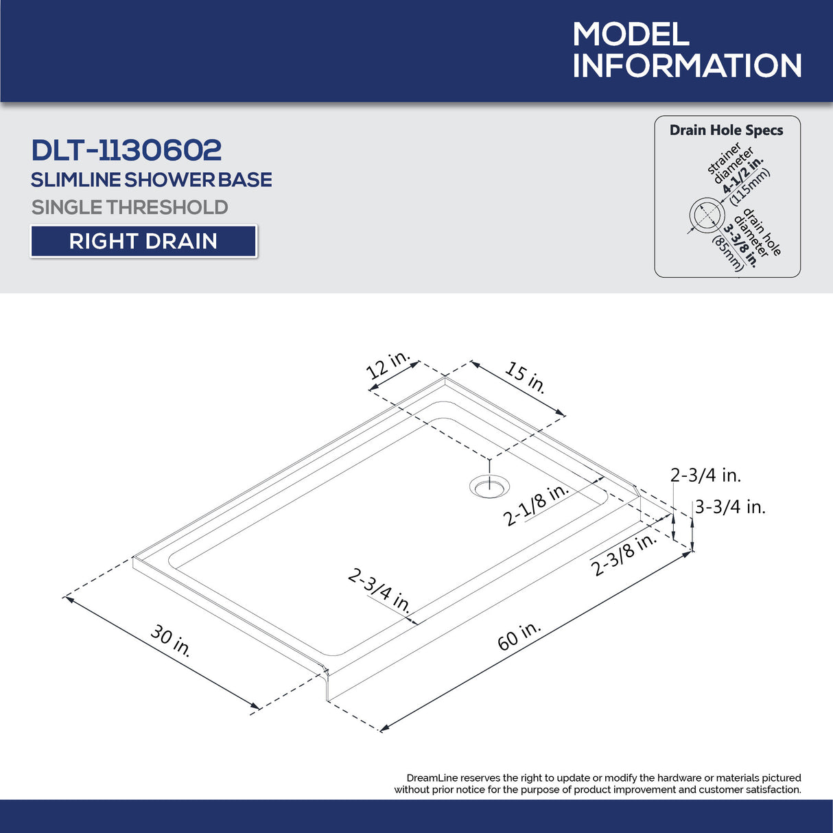 DreamLine Charisma 30 in. D x 60 in. W x 78 3/4 in. H Frameless Bypass Shower Door in Chrome with Right Drain Biscuit Base