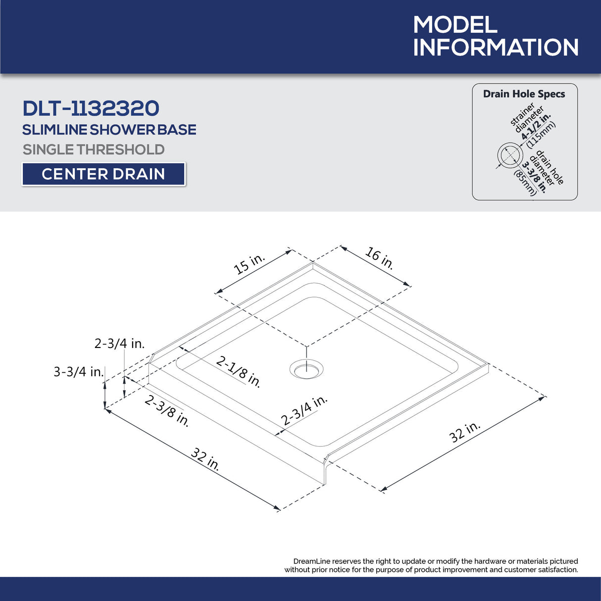 DreamLine Flex 32 in. D x 32 in. W x 74 3/4 in. H Semi-Frameless Pivot Shower Door in Chrome with Center Drain White Base