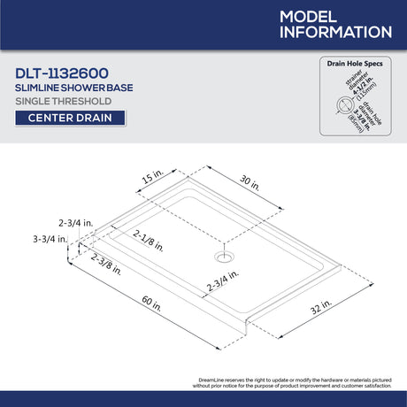 DreamLine 32 in. D x 60 in. W x 76 3/4 in. H Center Drain Acrylic Shower Base and QWALL-5 Wall Kit In White