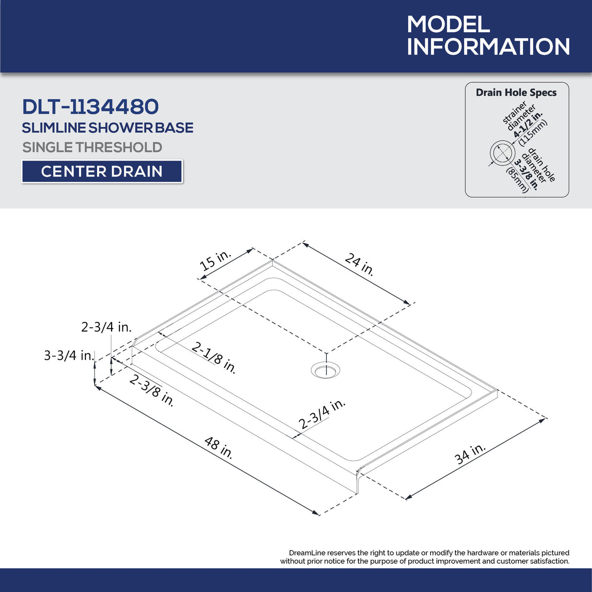 DreamLine 34 in. D x 48 in. W x 76 3/4 in. H Center Drain Acrylic Shower Base and QWALL-5 Wall Kit In White