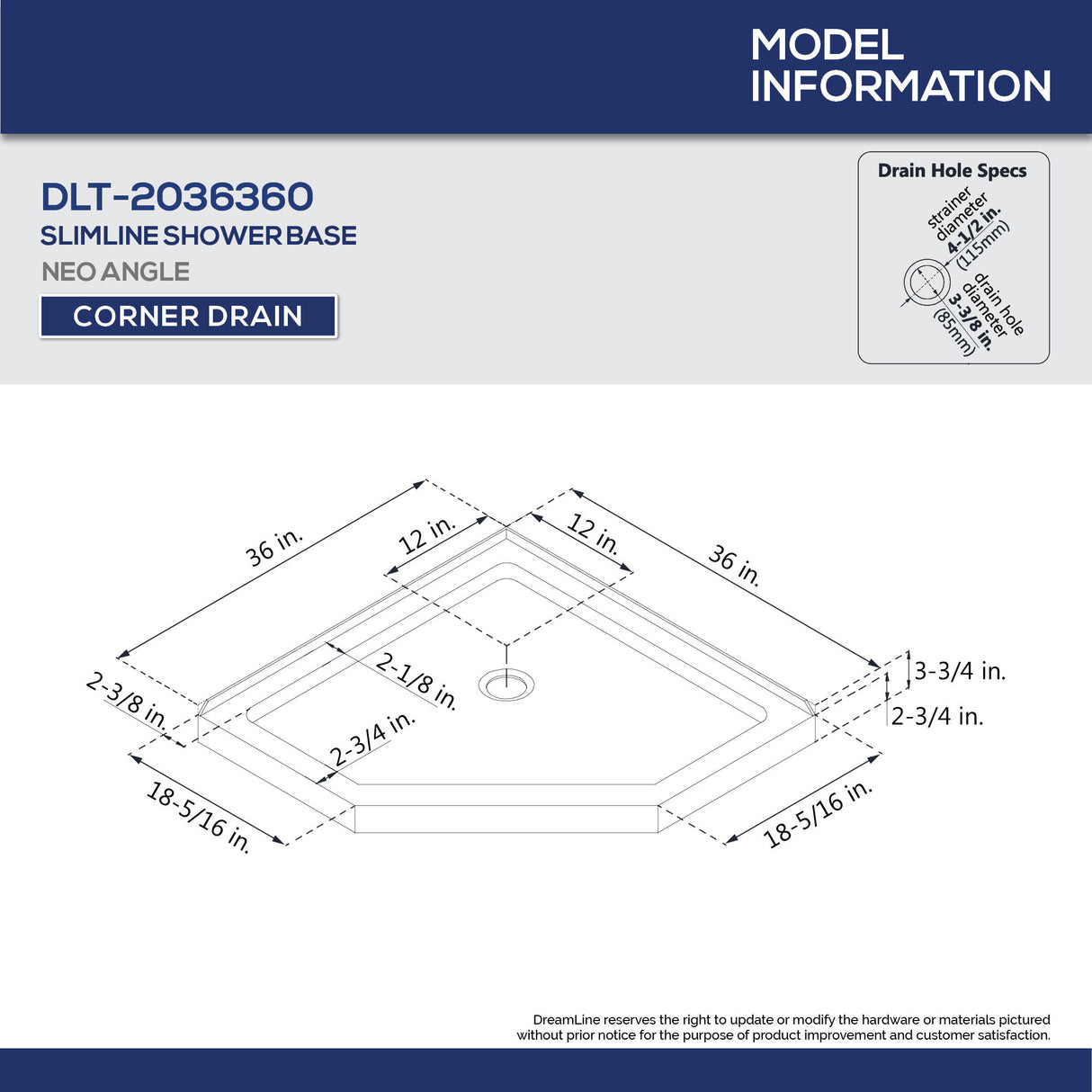 DreamLine 36 in. x 36 in. x 76 3/4 in. H Neo-Angle Shower Base and QWALL-4 Acrylic Corner Wall Kit in White