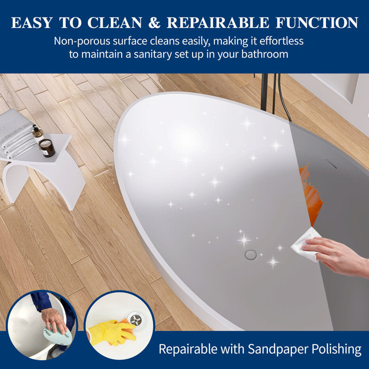 New England Home Goods Vinson 71" Freestanding Tub in White - Stone Resin Solid Surface