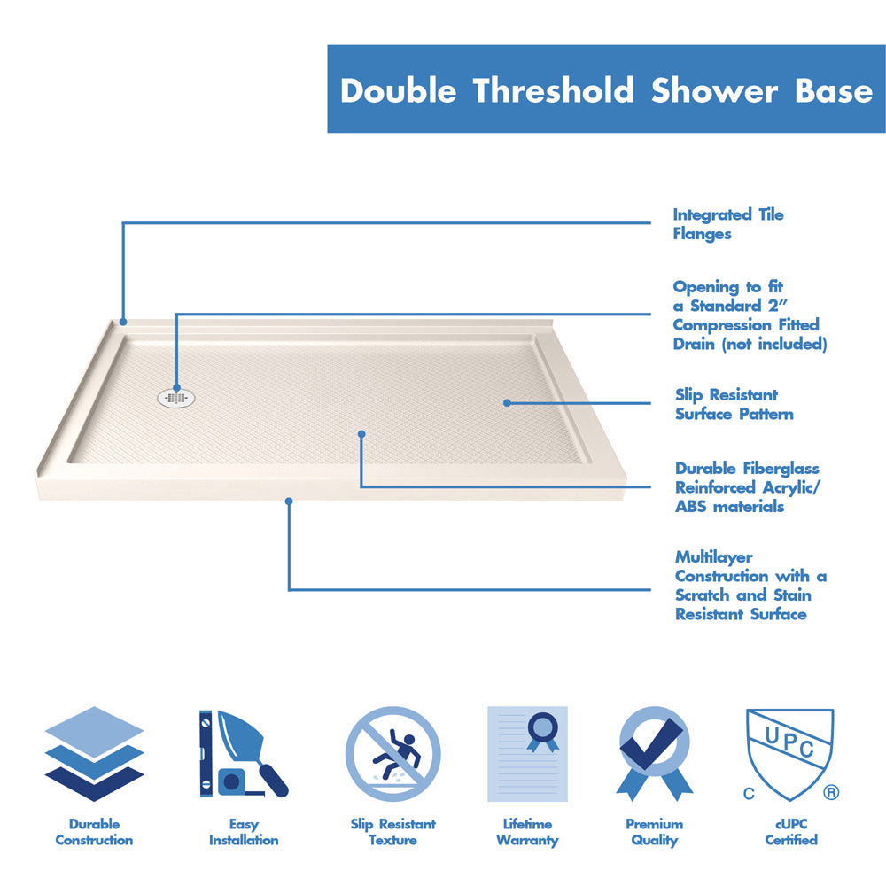 DreamLine SlimLine 36 in. D x 60 in. W x 2 3/4 in. H Left Drain Double Threshold Shower Base in Biscuit