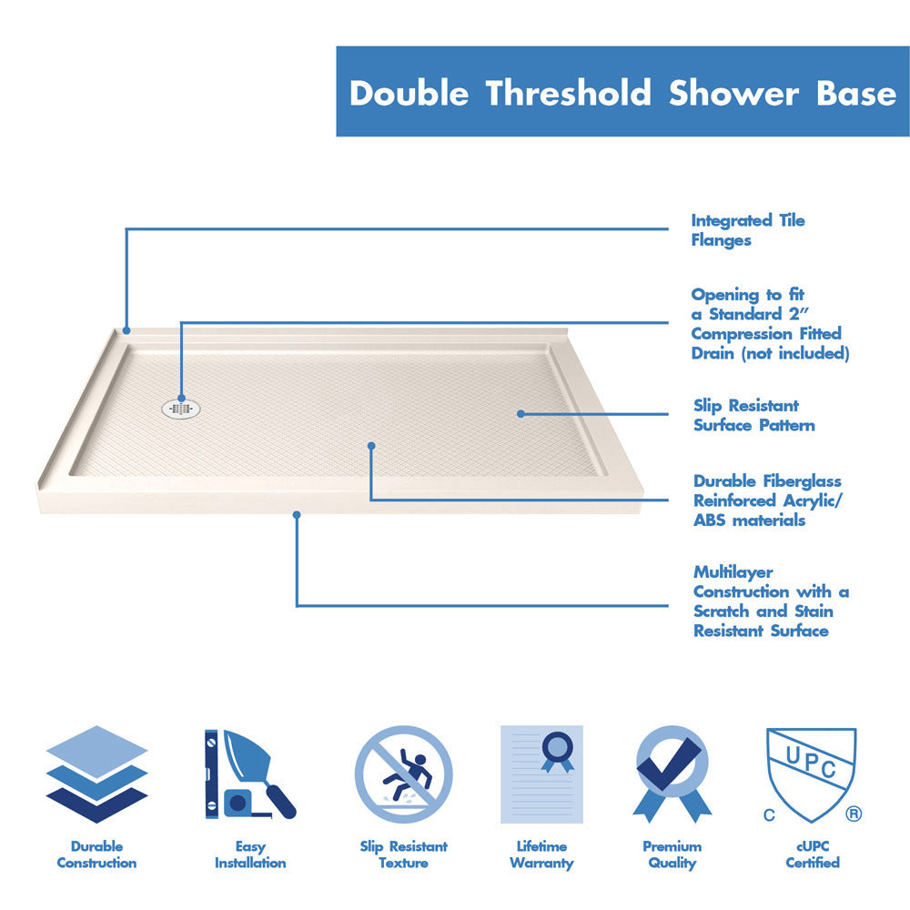 DreamLine Flex 36 in. D x 60 in. W x 74 3/4 in. H Semi-Frameless Shower Enclosure in Brushed Nickel with Left Drain Biscuit Base