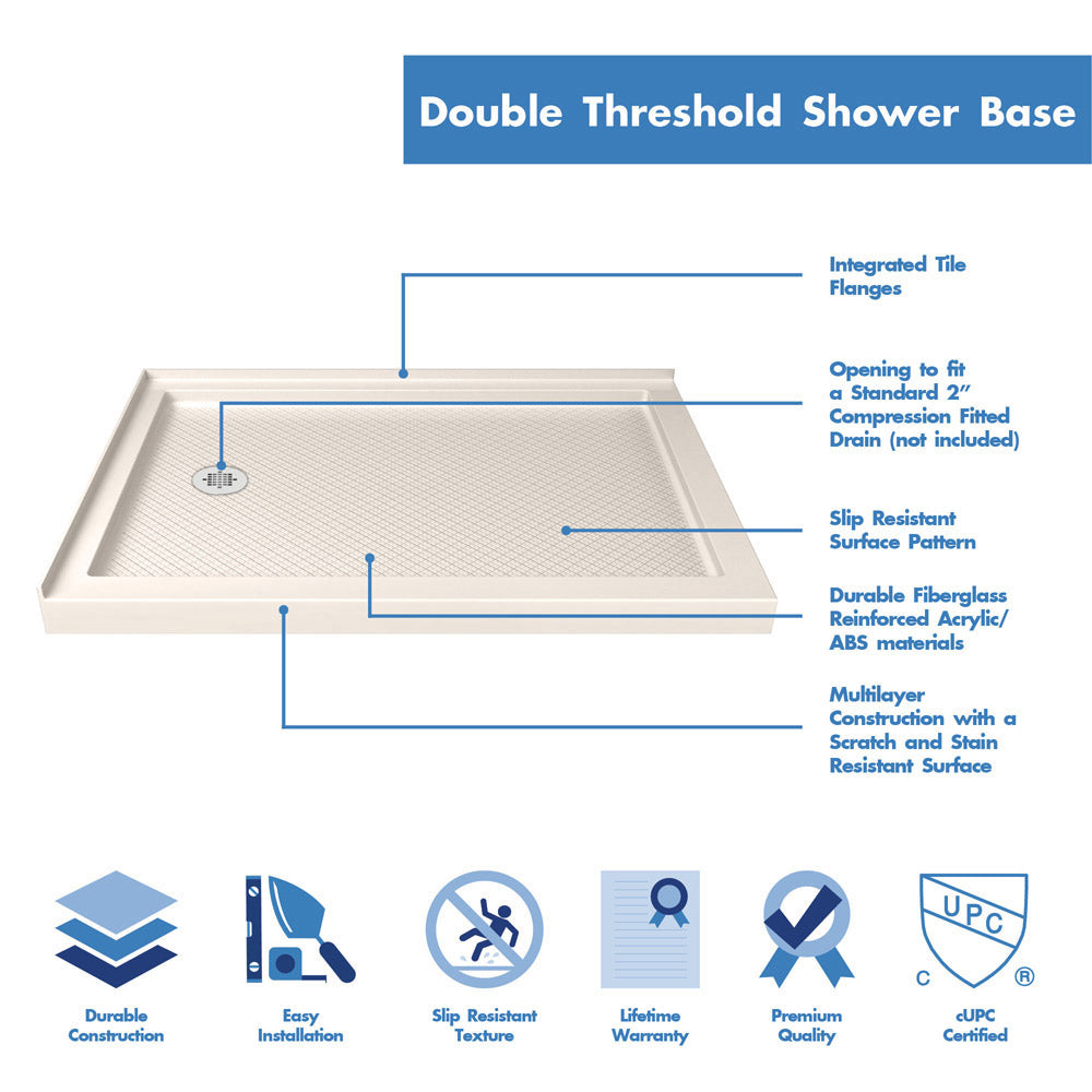 DreamLine SlimLine 36 in. D x 48 in. W x 2 3/4 in. H Left Drain Double Threshold Shower Base in Biscuit