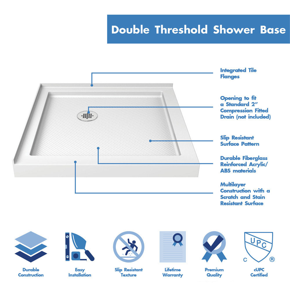 DreamLine Flex 32 in. D x 32 in. W x 74 3/4 in. H Semi-Frameless Pivot Shower Enclosure in Chrome with Corner Drain White Base