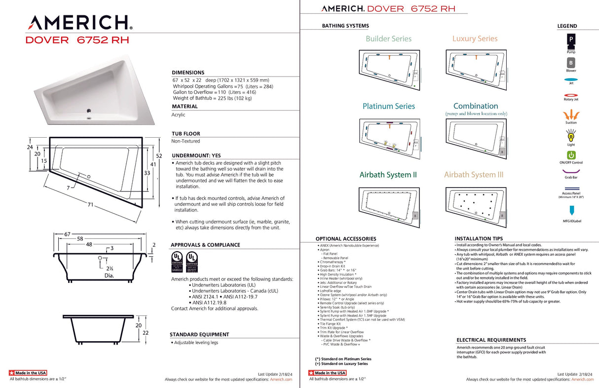 Americh DV6752TRA2-WH Dover 6752 Right Hand - Tub Only / Airbath 2 - White