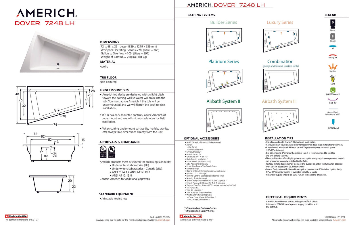 Americh DV7248TLA2-WH Dover 7248 Left Hand - Tub Only / Airbath 2 - White