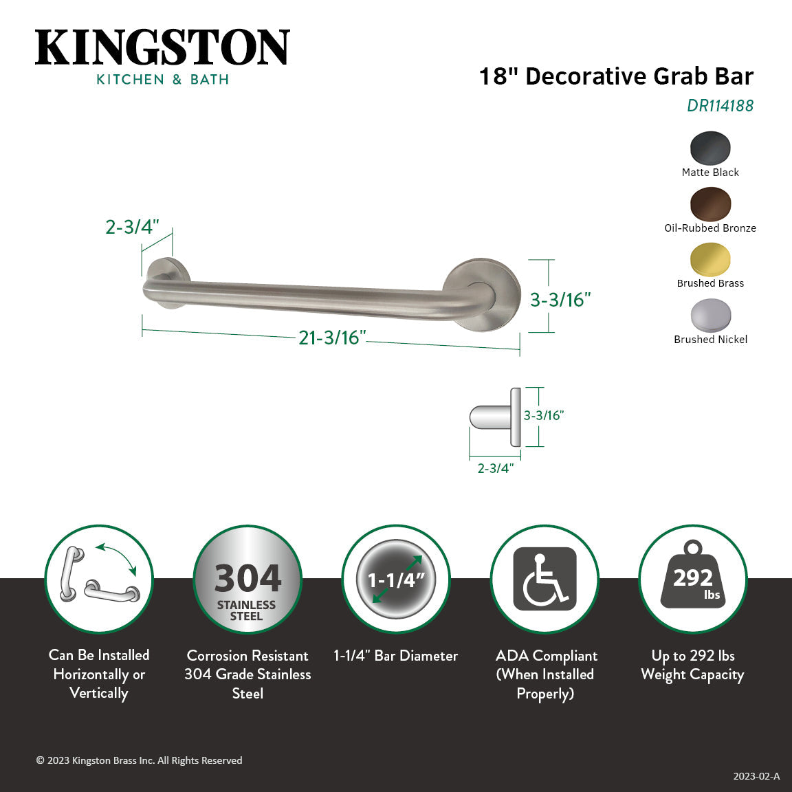 Americana Thrive In Place DR114188 18-Inch x 1-1/4 Inch O.D Grab Bar, Brushed Nickel