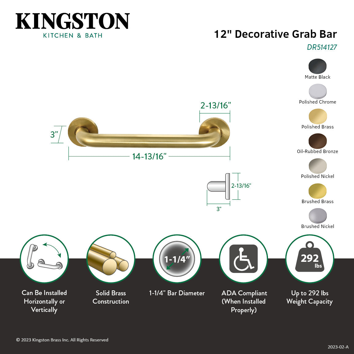 Meridian Thrive In Place DR514122 12-Inch x 1-1/4 Inch O.D Grab Bar, Polished Brass