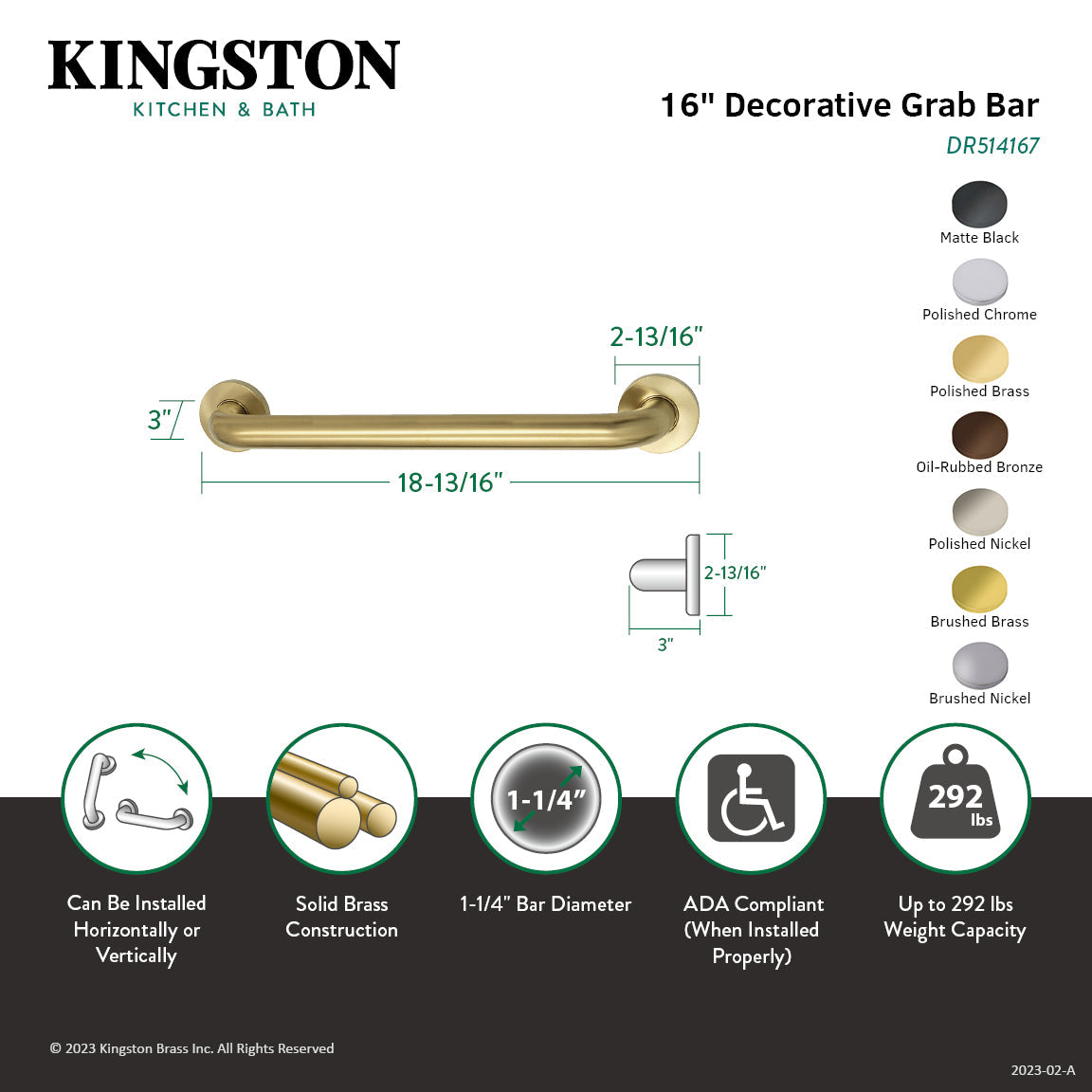 Meridian Thrive In Place DR514167 16-Inch x 1-1/4 Inch O.D Grab Bar, Brushed Brass